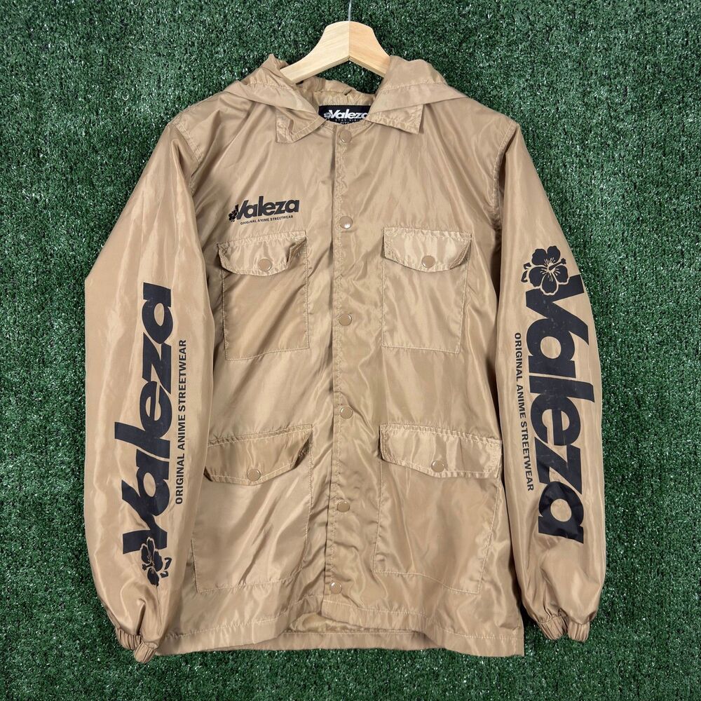 Valeza Men's Hooded Windbreaker Jacket Size S Tan Anime Streetwear Graphic Skate - Picture 2 of 11